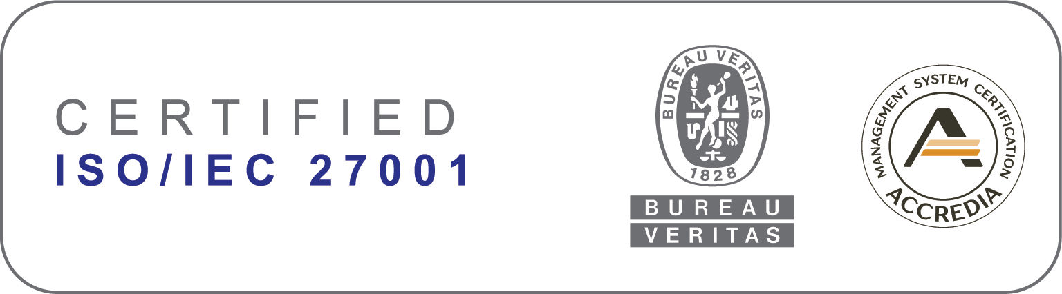 Badge di certificazione Bureau Veritas con accreditamento ACCREDIA — ISO/IEC 27001